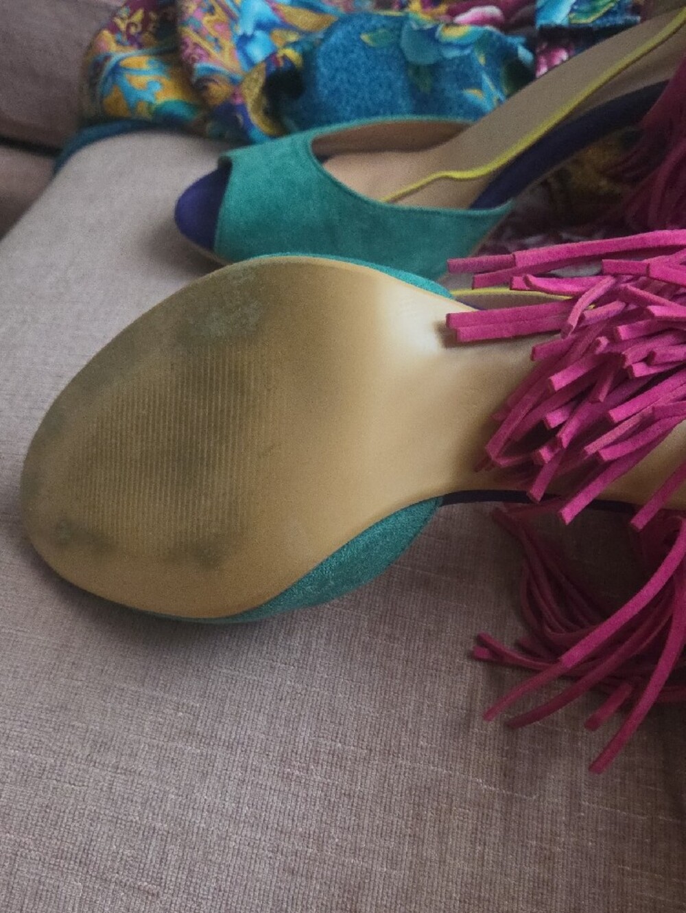 Women’s Multicolor Suede Fringe Peep-Toe Heels - Picture 2 of 4